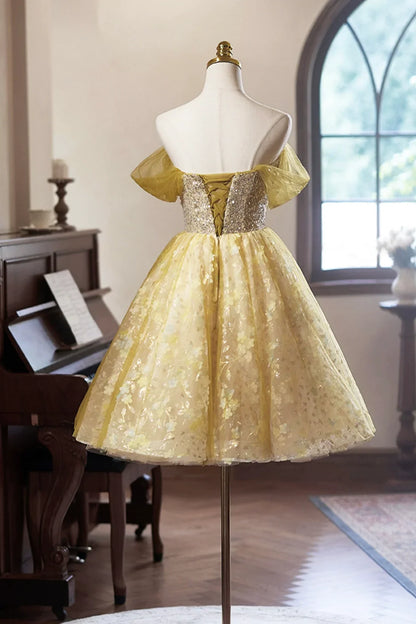 Yellow Floral Tulle Knee Length Prom Dress,  A-Line Off the Shoulder Homecoming Dress ED01324