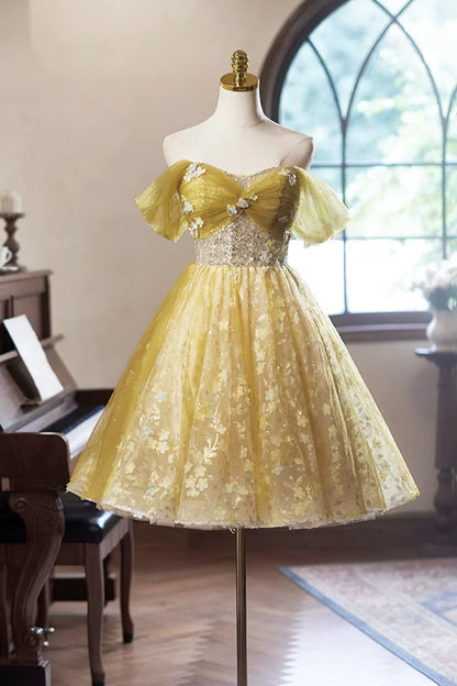 Yellow Floral Tulle Knee Length Prom Dress,  A-Line Off the Shoulder Homecoming Dress ED01324