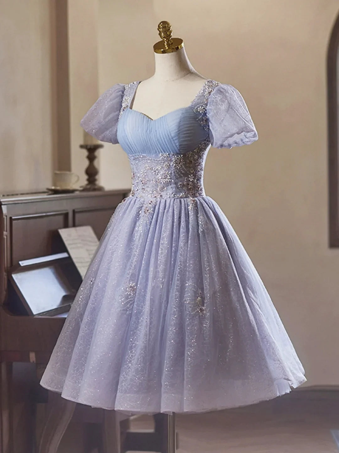 Light Purple Tulle Short Sleeves Homecoming Dress, Beautiful Knee Length Prom Party Dress ED01325