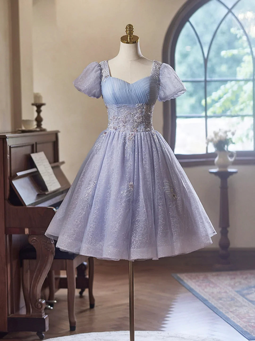 Light Purple Tulle Short Sleeves Homecoming Dress, Beautiful Knee Length Prom Party Dress ED01325