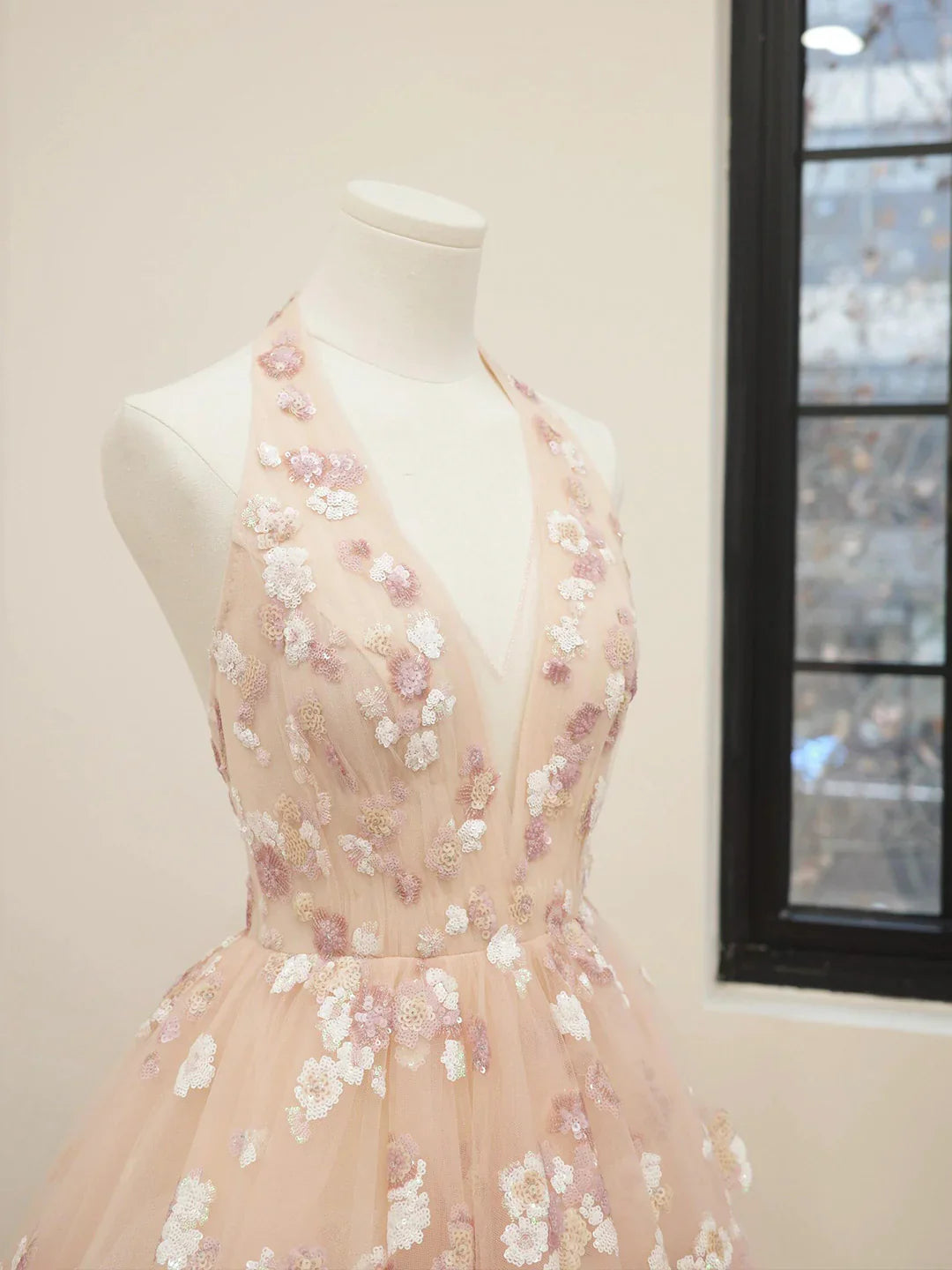 Pink V-Neck Tulle Sequins Short Prom Dress, Cute A Line Backless Homecoming Dress ED01326