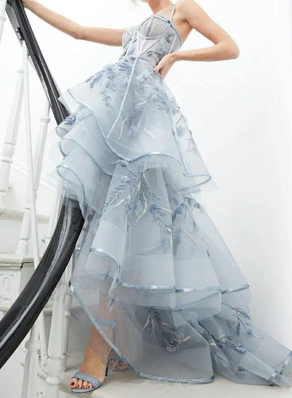 A-Line Spaghetti Straps Tulle Embroidered Long Ball Dress ED01331