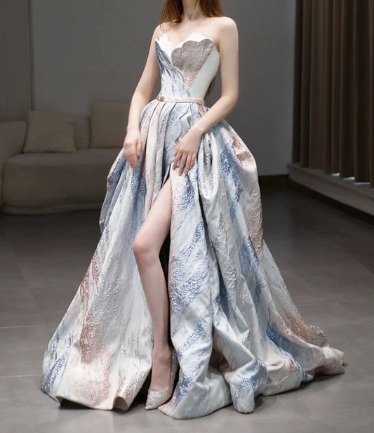 White A-line strapless long prom dress, white formal dress ED01333