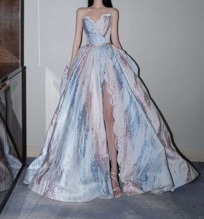 White A-line strapless long prom dress, white formal dress ED01333