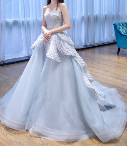 Ice Blue A-line Strapless Tulle Long Prom Dress, Ice Blue Evening Gown ED01335