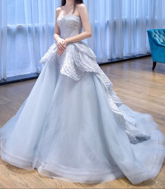 Ice Blue A-line Strapless Tulle Long Prom Dress, Ice Blue Evening Gown ED01335