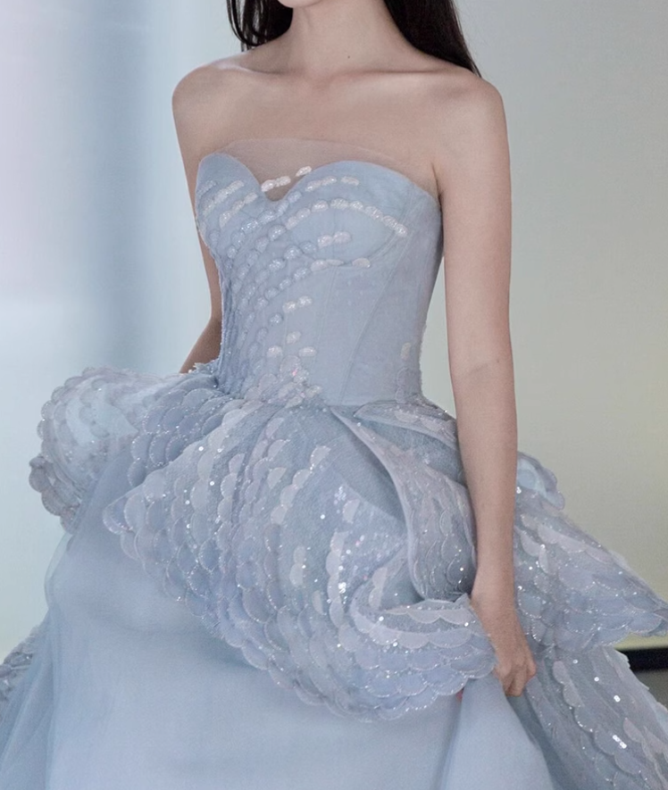 Ice Blue A-line Strapless Tulle Long Prom Dress, Ice Blue Evening Gown ED01335