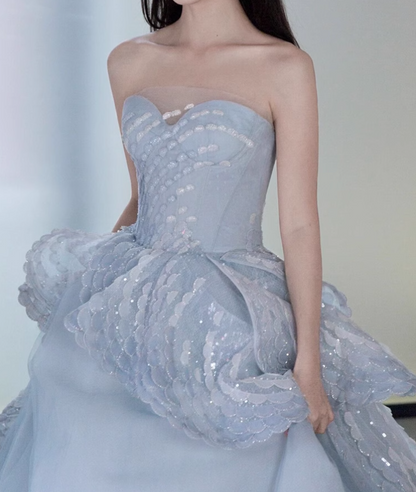 Ice Blue A-line Strapless Tulle Long Prom Dress, Ice Blue Evening Gown ED01335