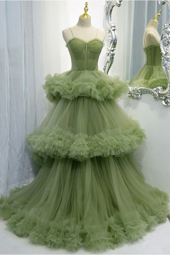 Green A-line Spaghetti Strap Tulle Long Evening Gown ED01336