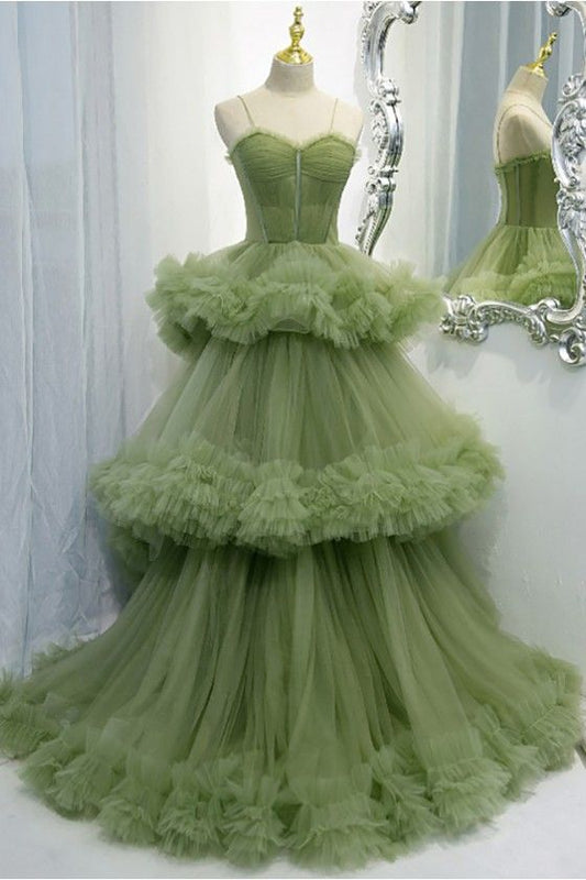 Green A-line Spaghetti Strap Tulle Long Evening Gown ED01336
