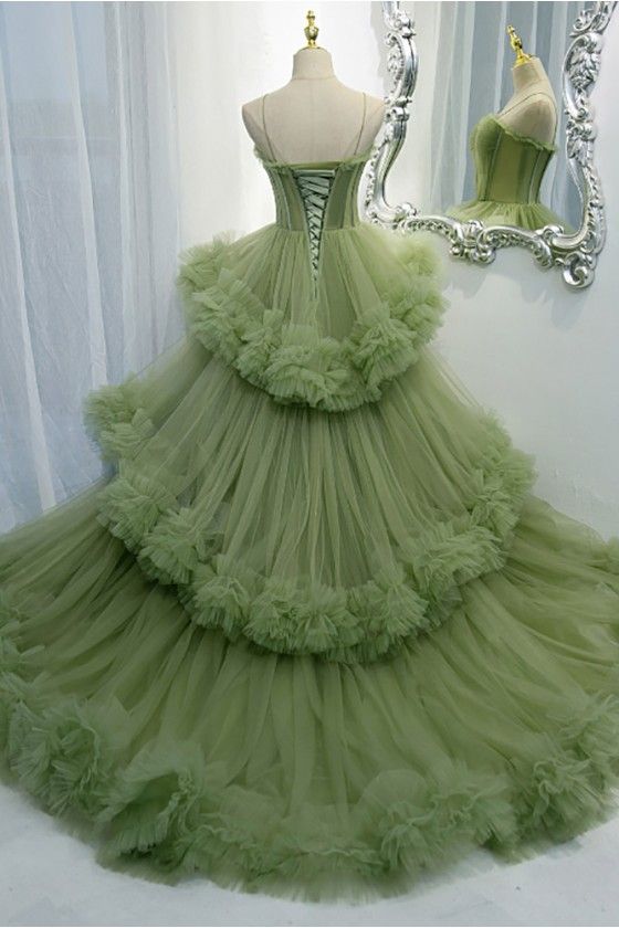 Green A-line Spaghetti Strap Tulle Long Evening Gown ED01336