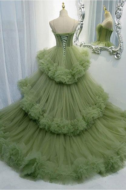 Green A-line Spaghetti Strap Tulle Long Evening Gown ED01336