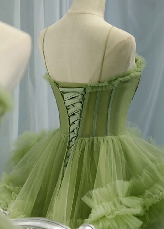 Green A-line Spaghetti Strap Tulle Long Evening Gown ED01336