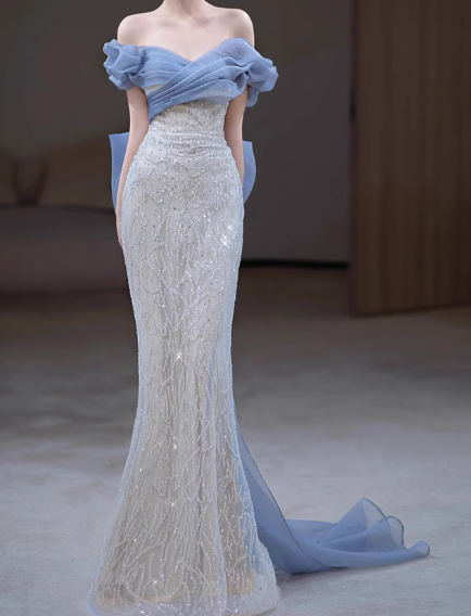 Mermaid Off Shoulder Tulle Sequin Long Ball Gown, Elegant Evening Gown ED01343