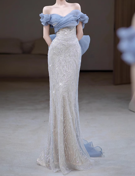 Mermaid Off Shoulder Tulle Sequin Long Ball Gown, Elegant Evening Gown ED01343