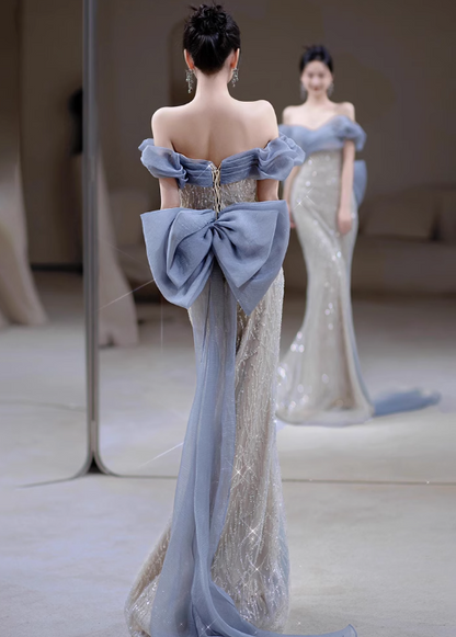 Mermaid Off Shoulder Tulle Sequin Long Ball Gown, Elegant Evening Gown ED01343