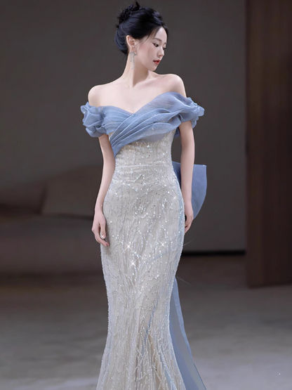 Mermaid Off Shoulder Tulle Sequin Long Ball Gown, Elegant Evening Gown ED01343