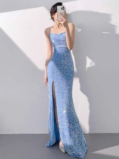 Blue Mermaid Sequin Spaghetti Strap Long Prom Dress, Formal Evening Dress ED01346