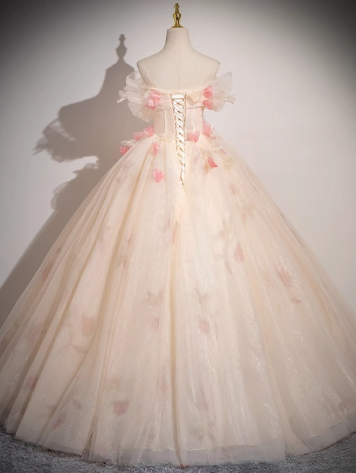 Champagne A-line  Off-Shoulder Tulle Long Prom Dress, Sweet 16 Dress ED01347