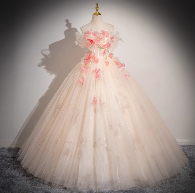 Champagne A-line  Off-Shoulder Tulle Long Prom Dress, Sweet 16 Dress ED01347