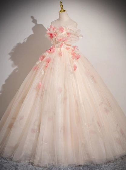 Champagne A-line  Off-Shoulder Tulle Long Prom Dress, Sweet 16 Dress ED01347