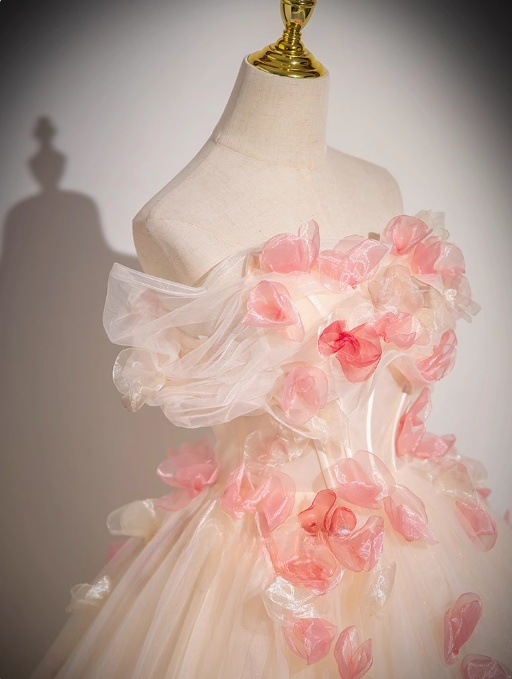 Champagne A-line  Off-Shoulder Tulle Long Prom Dress, Sweet 16 Dress ED01347