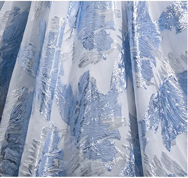 Blue A-line U-neck Floral Satin Long Prom dress, Elegant Formal Evening Gown ED01348