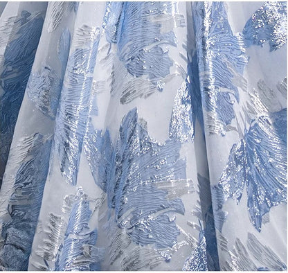 Blue A-line U-neck Floral Satin Long Prom dress, Elegant Formal Evening Gown ED01348