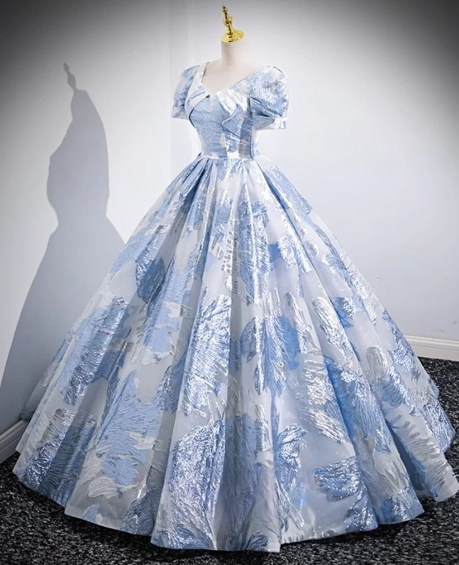 Blue A-line U-neck Floral Satin Long Prom dress, Elegant Formal Evening Gown ED01348