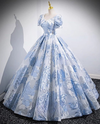 Blue A-line U-neck Floral Satin Long Prom dress, Elegant Formal Evening Gown ED01348