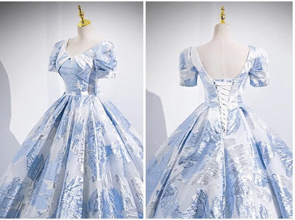 Blue A-line U-neck Floral Satin Long Prom dress, Elegant Formal Evening Gown ED01348