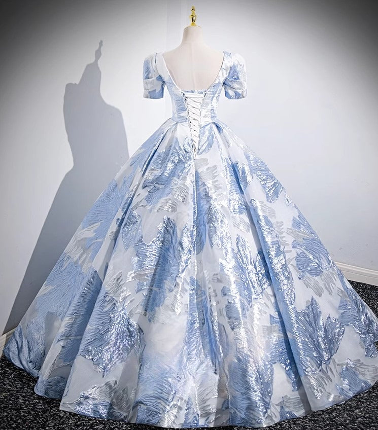 Blue A-line U-neck Floral Satin Long Prom dress, Elegant Formal Evening Gown ED01348