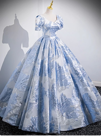 Blue A-line U-neck Floral Satin Long Prom dress, Elegant Formal Evening Gown ED01348