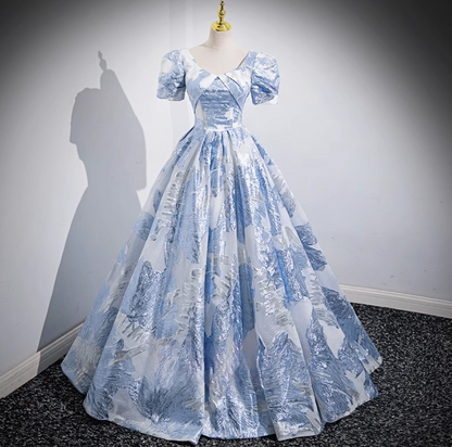 Blue A-line U-neck Floral Satin Long Prom dress, Elegant Formal Evening Gown ED01348