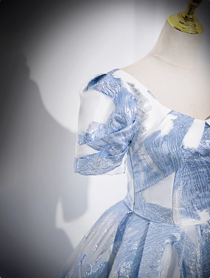 Blue A-line U-neck Floral Satin Long Prom dress, Elegant Formal Evening Gown ED01348