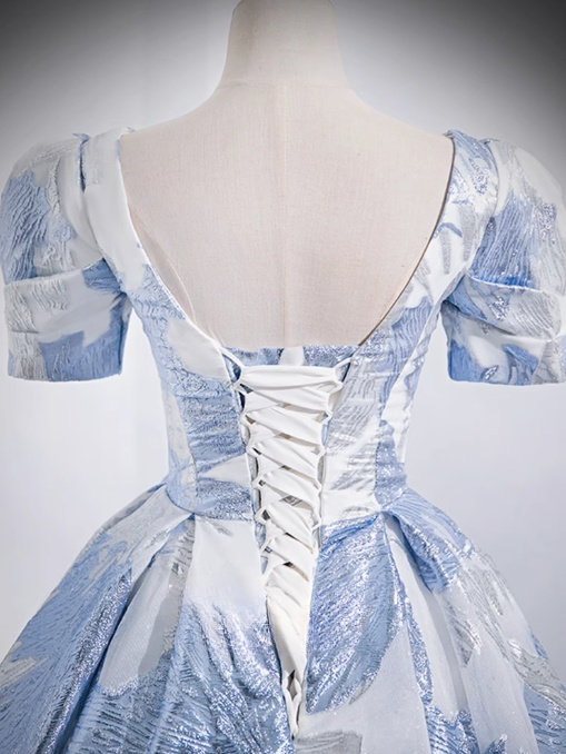 Blue A-line U-neck Floral Satin Long Prom dress, Elegant Formal Evening Gown ED01348