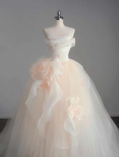 Light Champagne A-Line Strapless Tulle Wedding Dress，Gentle Beaded Long Prom Dress ED01352