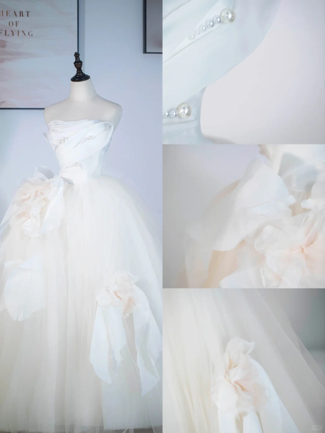 Light Champagne A-Line Strapless Tulle Wedding Dress，Gentle Beaded Long Prom Dress ED01352