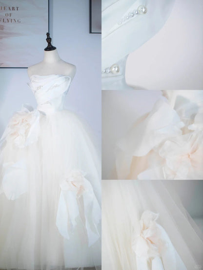 Light Champagne A-Line Strapless Tulle Wedding Dress，Gentle Beaded Long Prom Dress ED01352