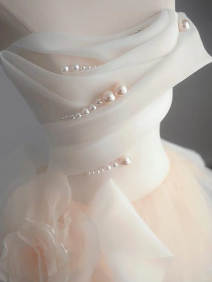 Light Champagne A-Line Strapless Tulle Wedding Dress，Gentle Beaded Long Prom Dress ED01352