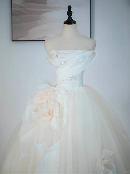 Light Champagne A-Line Strapless Tulle Wedding Dress，Gentle Beaded Long Prom Dress ED01352