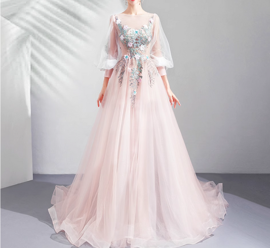 Light Pink A-line Long-Sleeved Tulle Embroidered Wedding Dress, Gentle Long Prom Dress ED01353