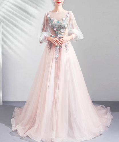 Light Pink A-line Long-Sleeved Tulle Embroidered Wedding Dress, Gentle Long Prom Dress ED01353