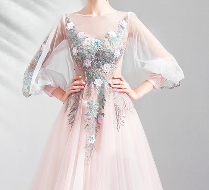 Light Pink A-line Long-Sleeved Tulle Embroidered Wedding Dress, Gentle Long Prom Dress ED01353