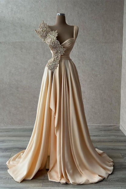 Champagne A-Line Satin V-Neck Long Ball Dress, One-Shoulder Formal Evening Dress ED01355