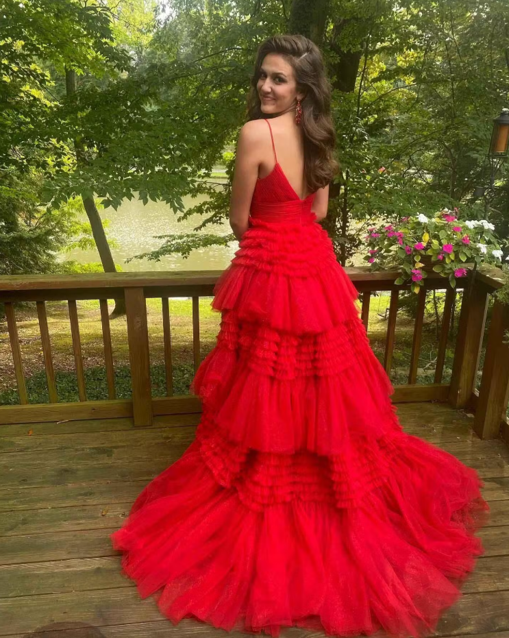 Red Tulle Deep V Neck Spaghetti Straps Long Prom Dress  ED01360