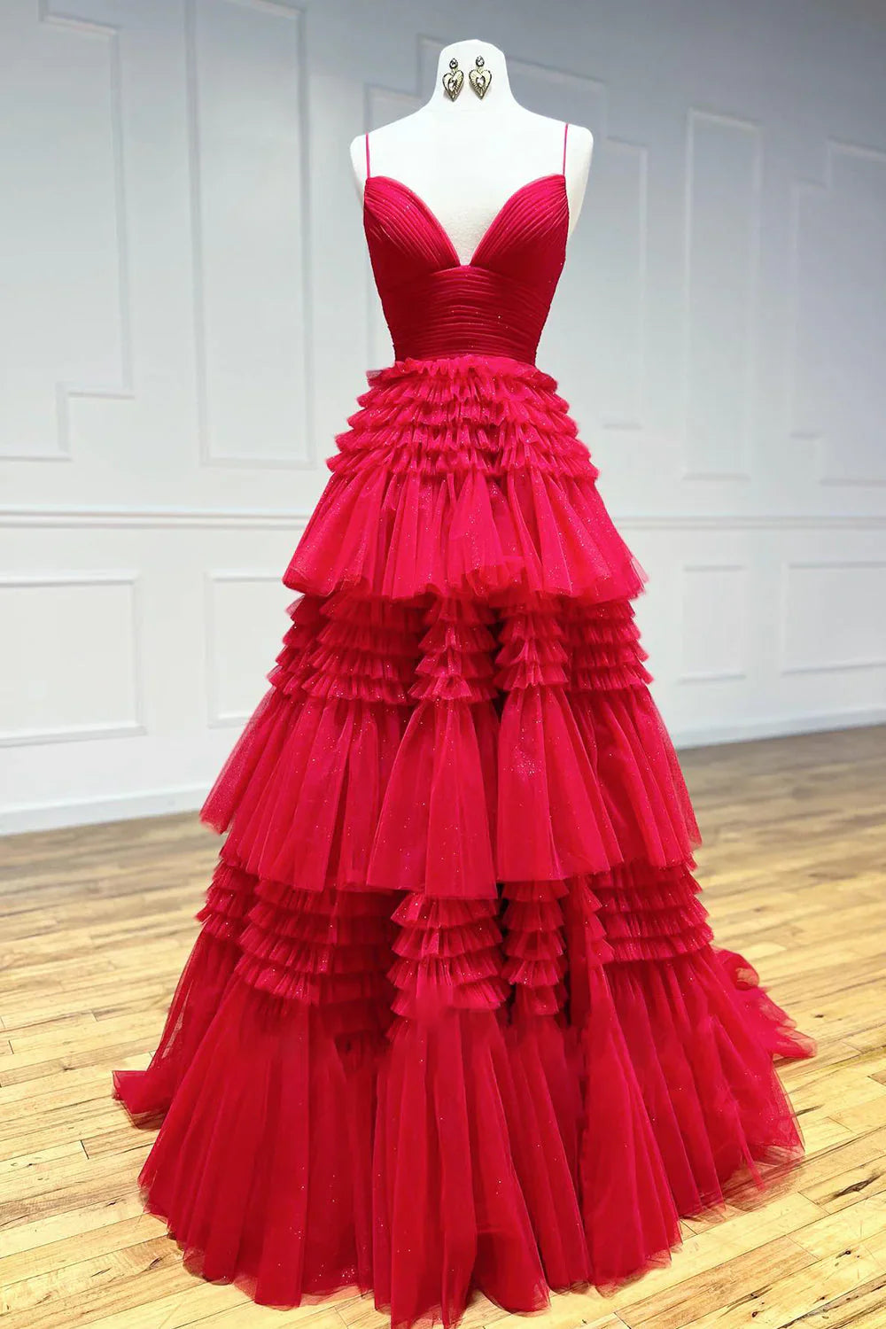 Red Tulle Deep V Neck Spaghetti Straps Long Prom Dress  ED01360