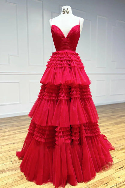 Red Tulle Deep V Neck Spaghetti Straps Long Prom Dress  ED01360