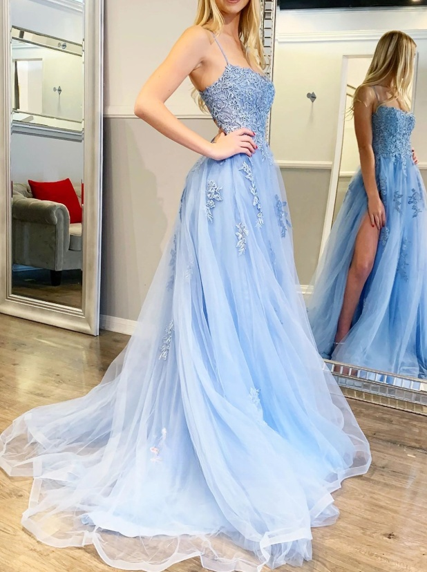 Light Blue A-Line Spaghetti Strap Lace Tulle Long Prom Dress  ED01362