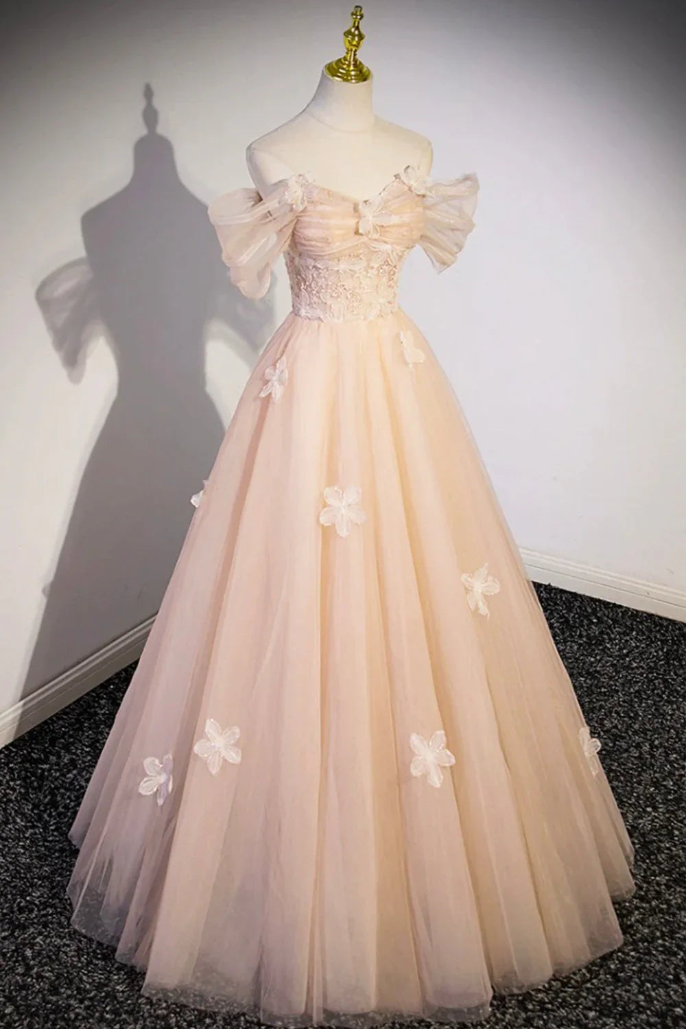 Cute Flowers Tulle Long Formal Dresses, Champagne Off Shoulder Evening Dresses  ED01365